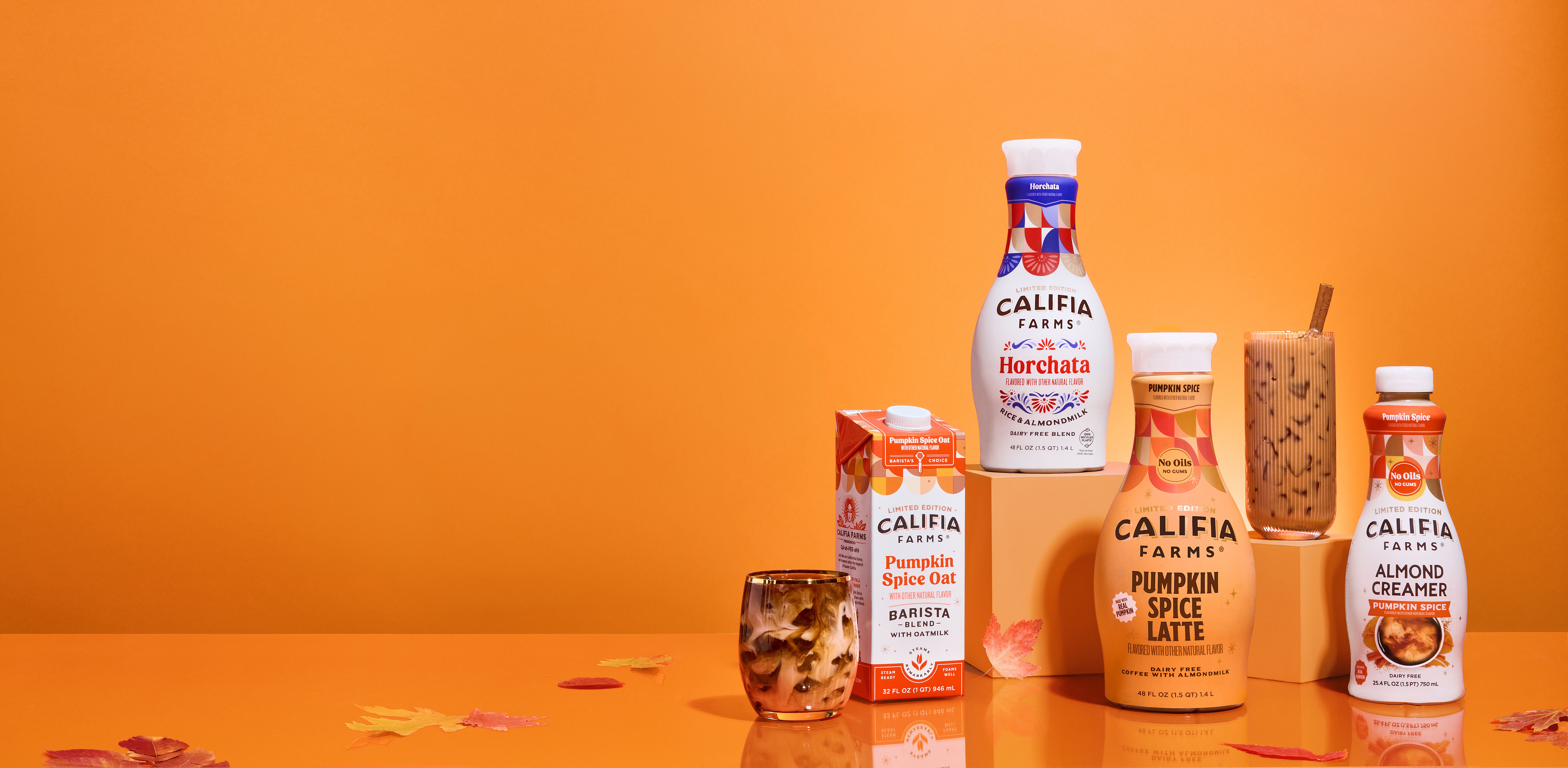 Picture of Califia Farms seasonal products including Horchata Almondmilk, Pumpkin Spice Latte, Pumpkin Spice Barista, and Pumpkin Spice Creamer.